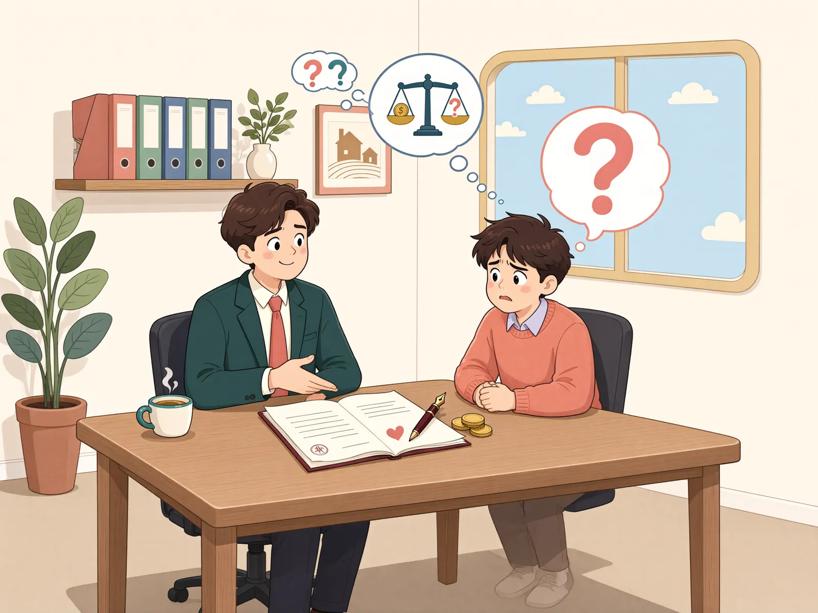 「공사 중단에 합의했다면, 손해배상까지 따로 줘야 할까?」 상황을 그린 삽화