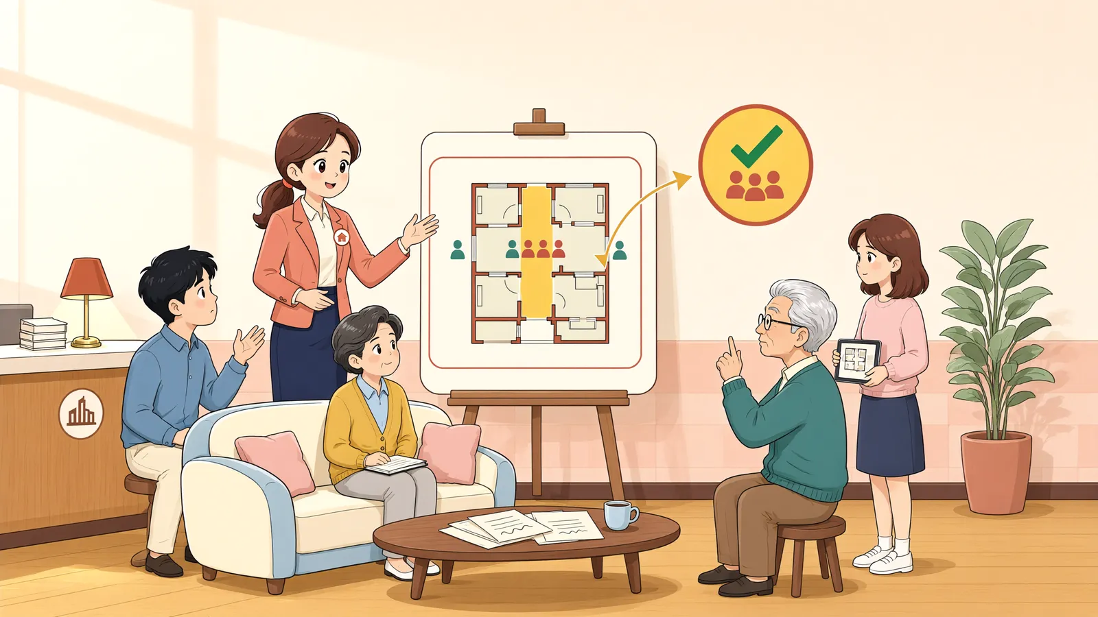 「옥상에 상가 세 층을 더 짓는다면, 85% 찬성으로 충분할까」 상황을 그린 삽화