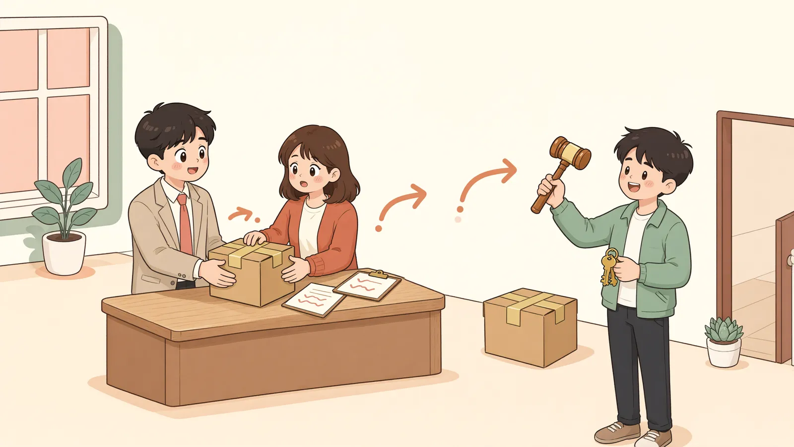 「가집행으로 받은 기계가 경매로 넘어갔다면」 상황을 그린 삽화