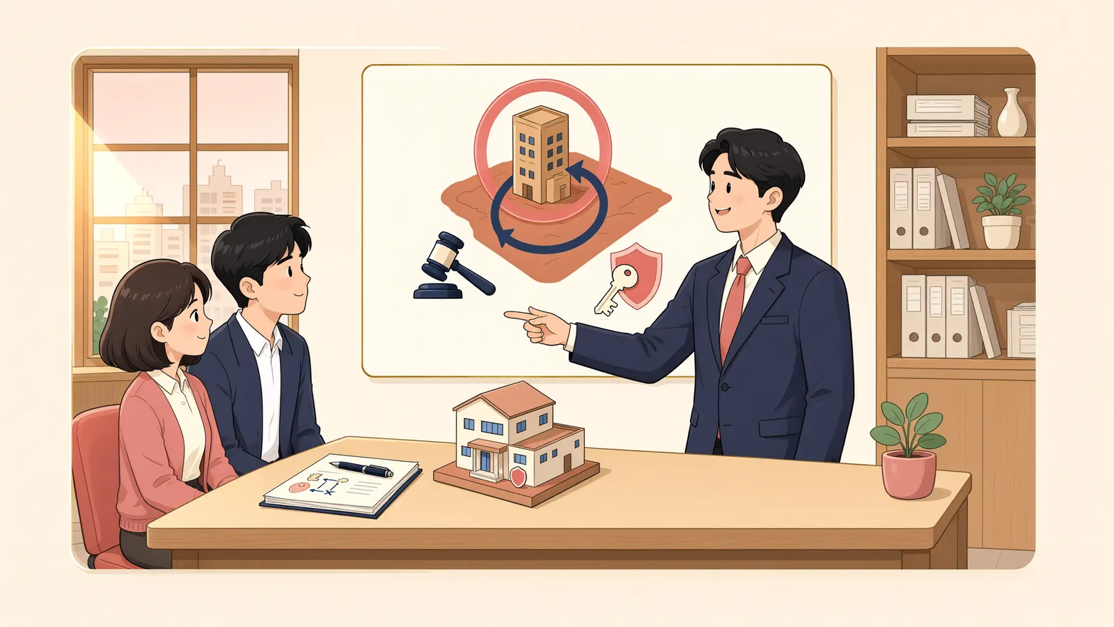 「경매로 건물만 샀는데, 땅 주인이 철거를 요구한다면」 상황을 그린 삽화