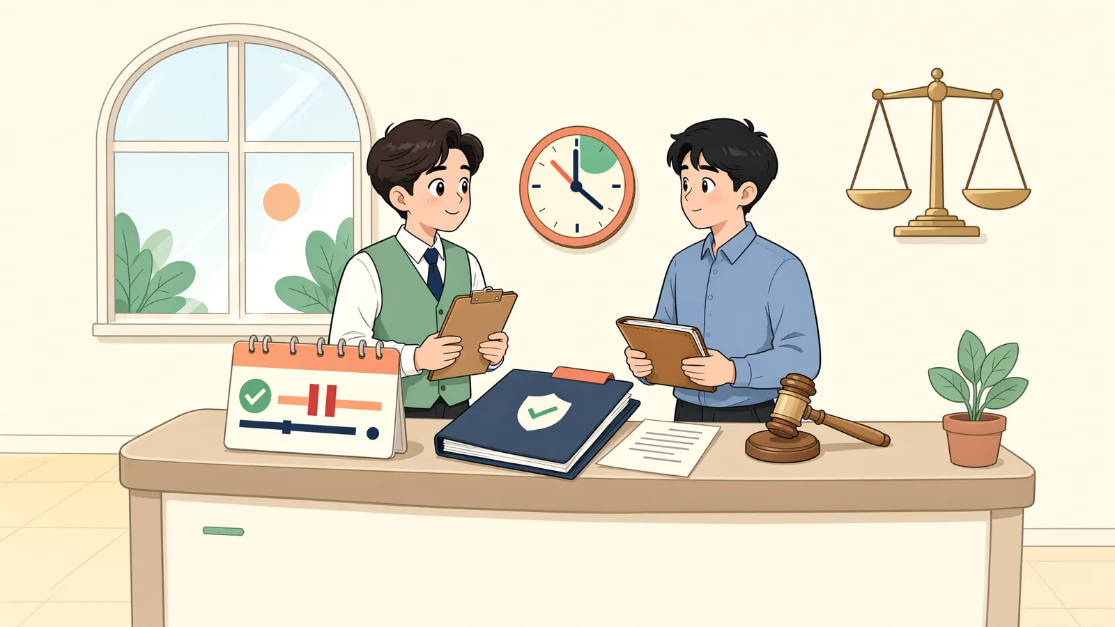 「집행정지 중에도 행정심판 시계는 갑니다」 상황을 그린 삽화
