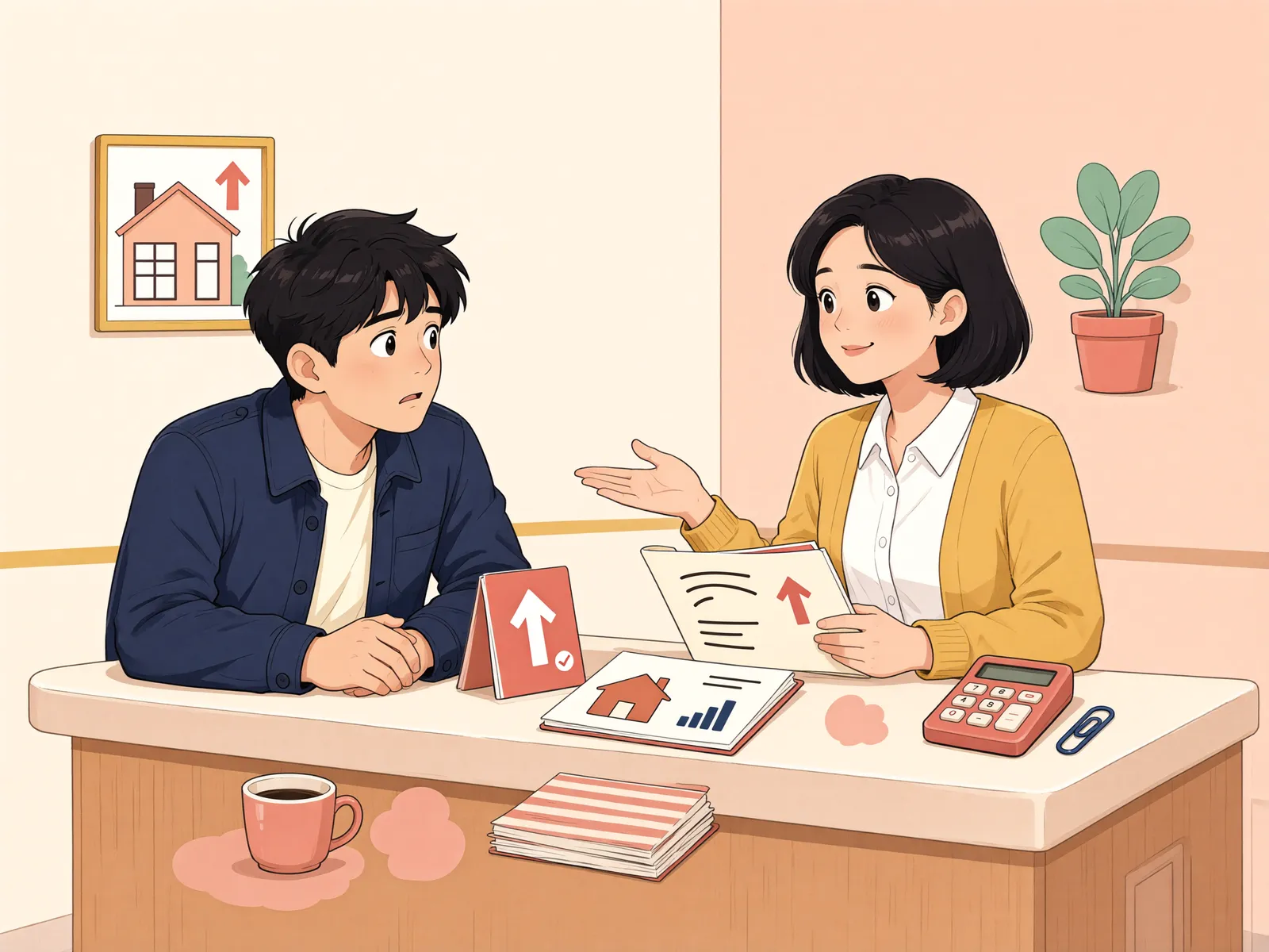 「연 100원의 장기 임대차, 집값이 올라도 월세를 올릴 수 있을까」 상황을 그린 삽화