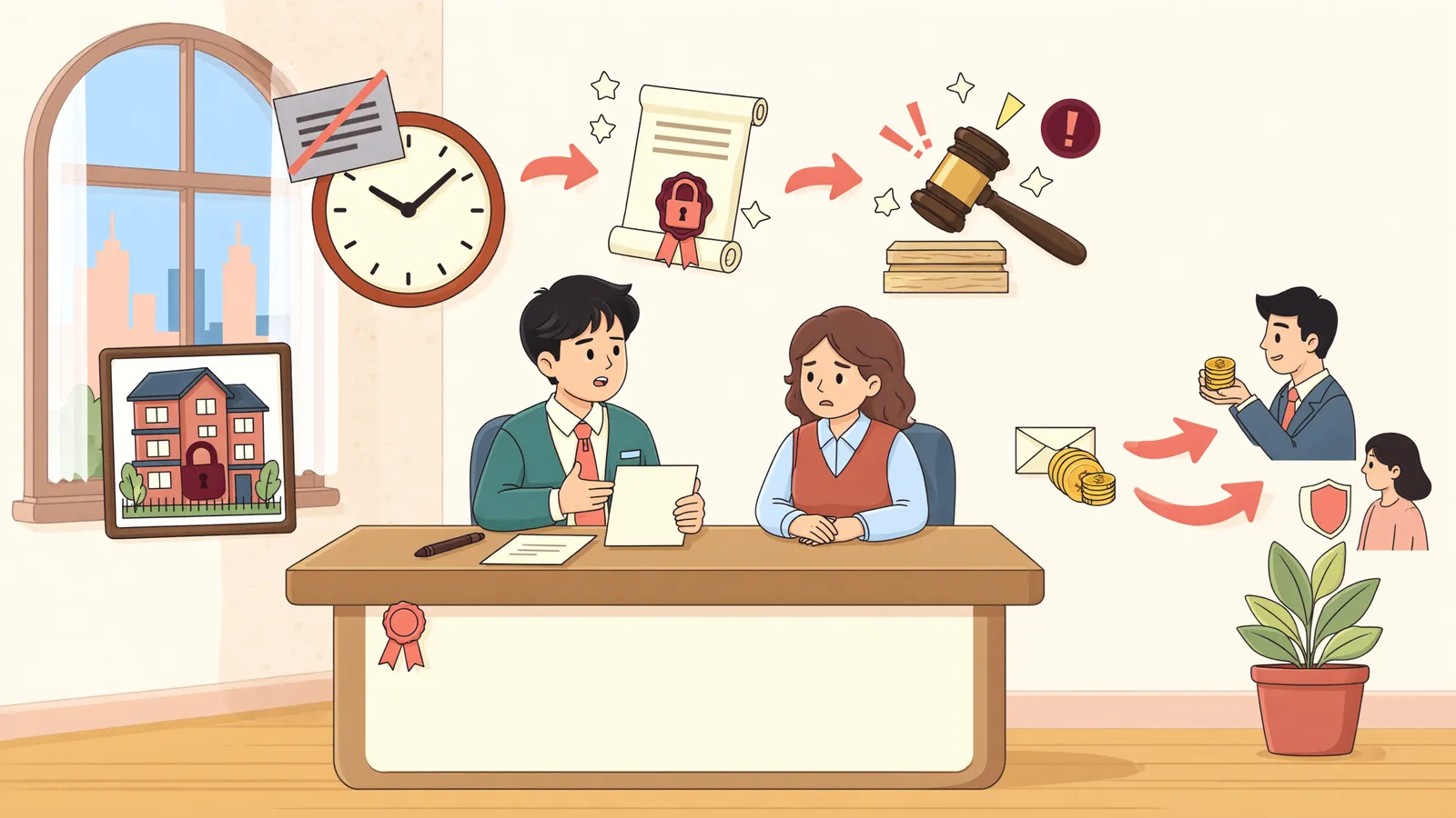 「경매가 끝날 때까지 이의하지 않았다면, 시효의 이익을 포기한 걸까?」 상황을 그린 삽화