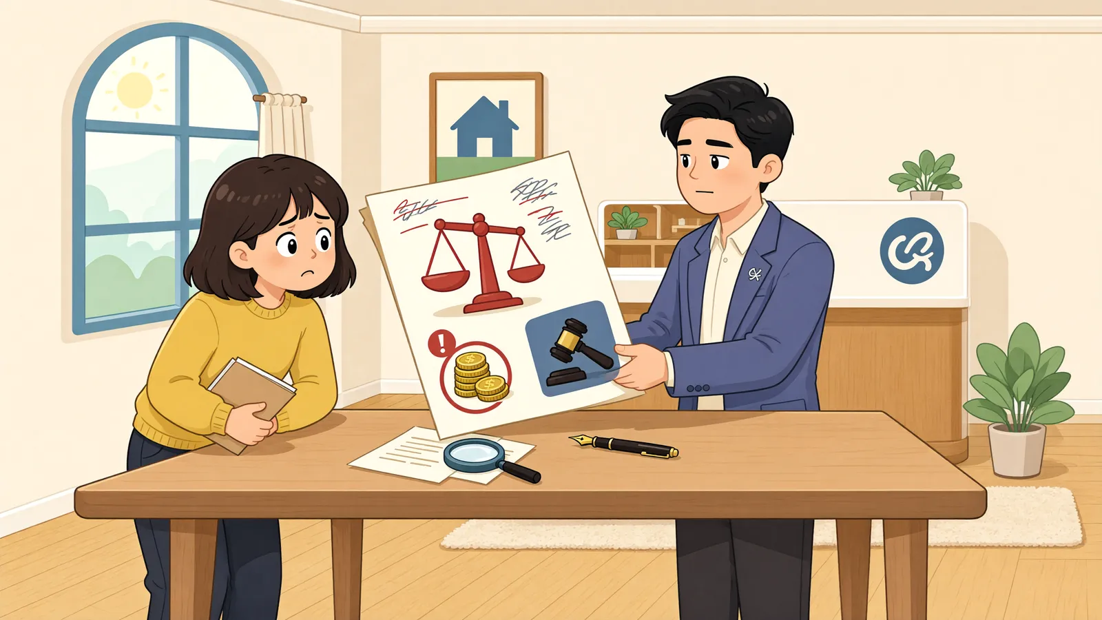 「월세 연체료와 보증금 위약금, 미리 인쇄됐다고 모두 유효할까」 상황을 그린 삽화