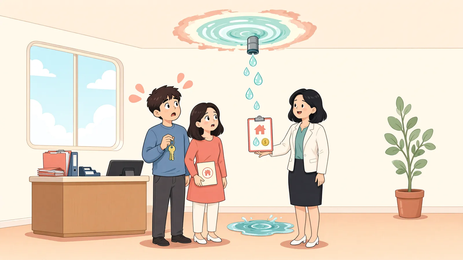 「누수 재발, 매도인에게 수리비를 청구할 수 있을까」 상황을 그린 삽화