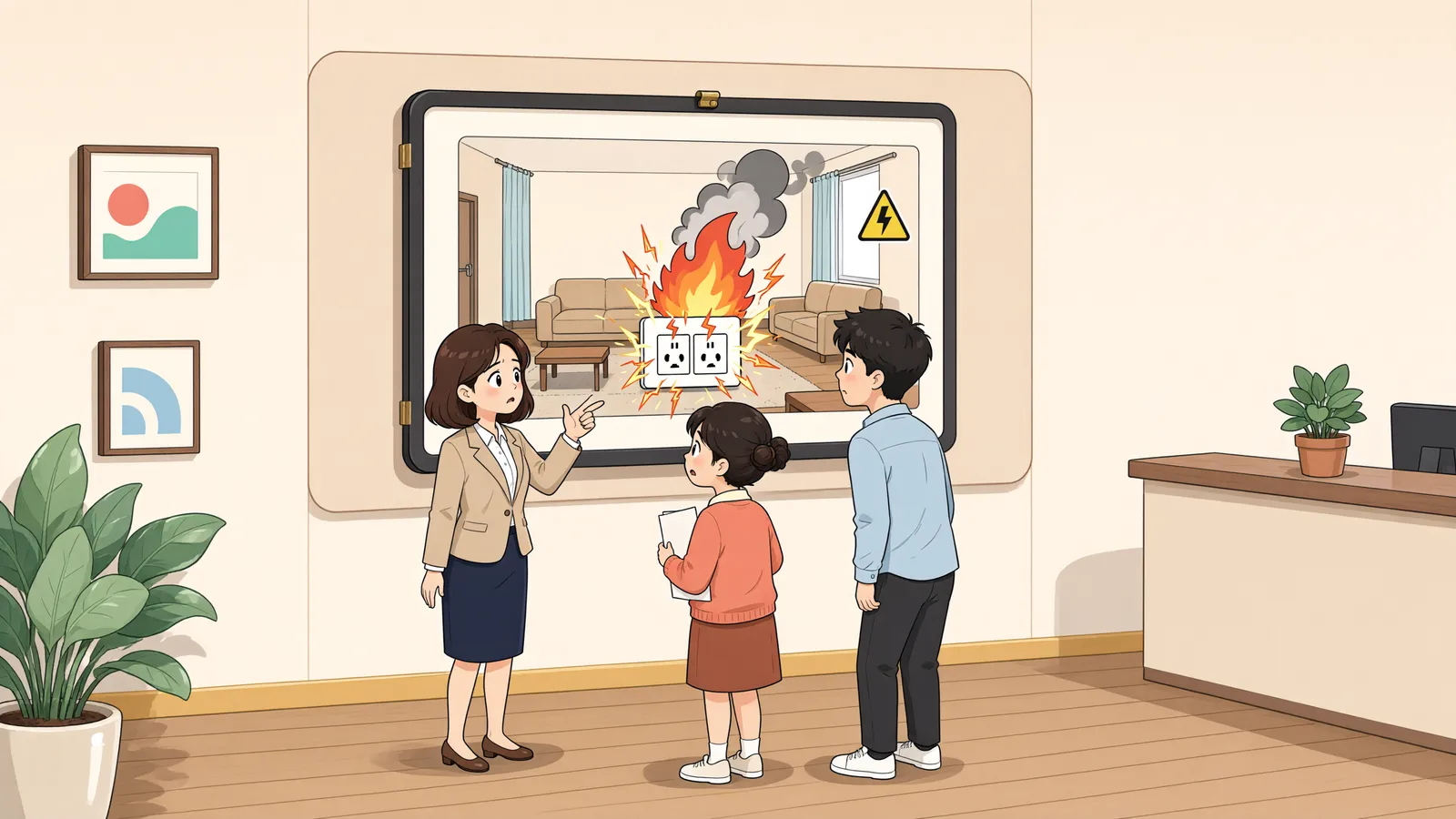 「벽 속 전선에서 시작된 화재, 누가 책임질까」 상황을 그린 삽화