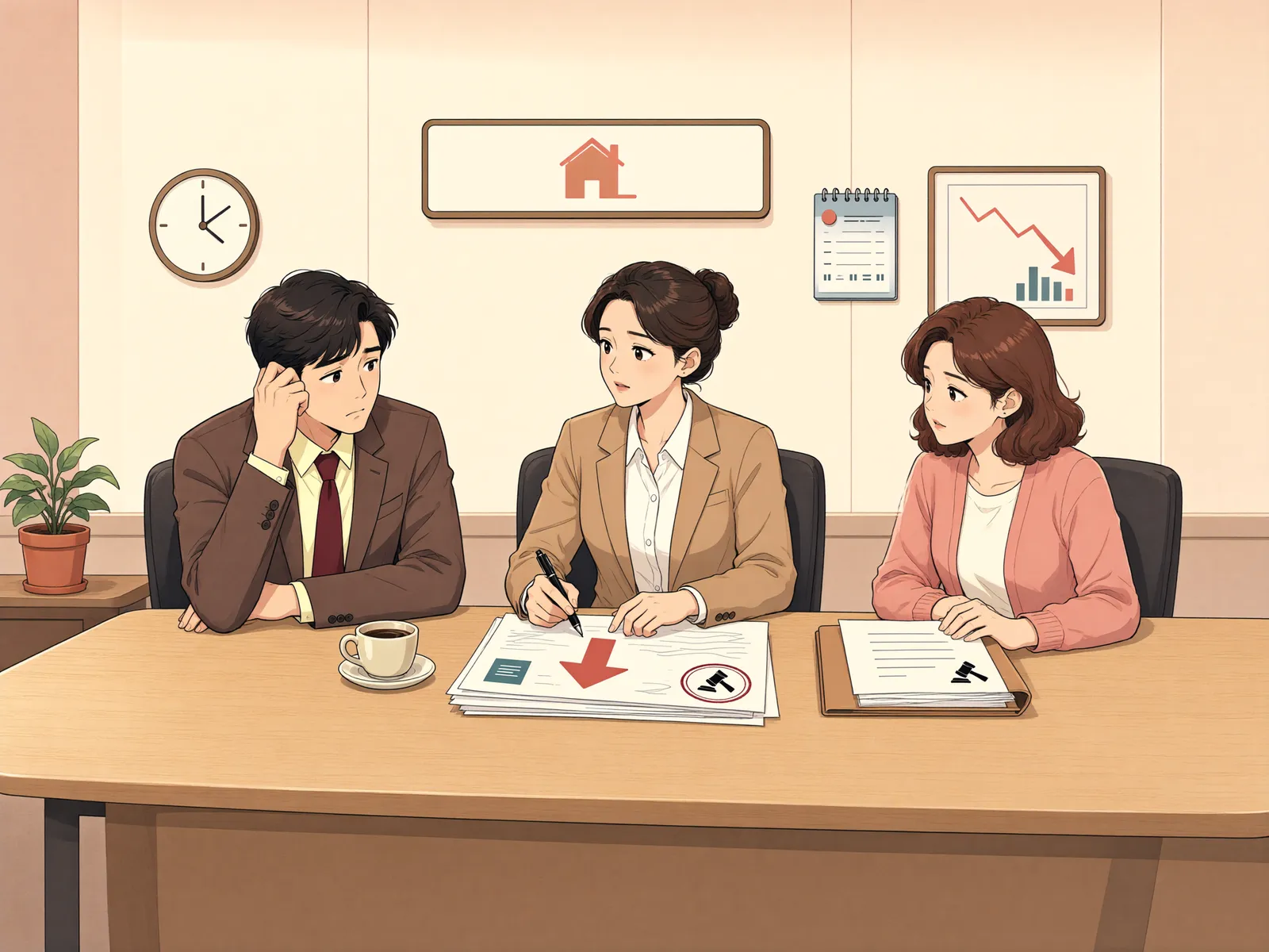「경매 최저가가 계속 낮아질 때, 소유자는 다툴 수 있을까?」 상황을 그린 삽화