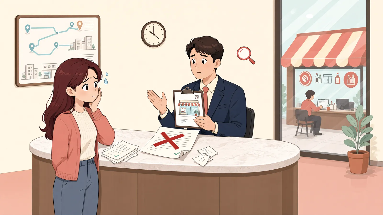 「약속한 실내정원이 사라진 상가, 계약금은 돌려받아도 위약금은 별개」 상황을 그린 삽화