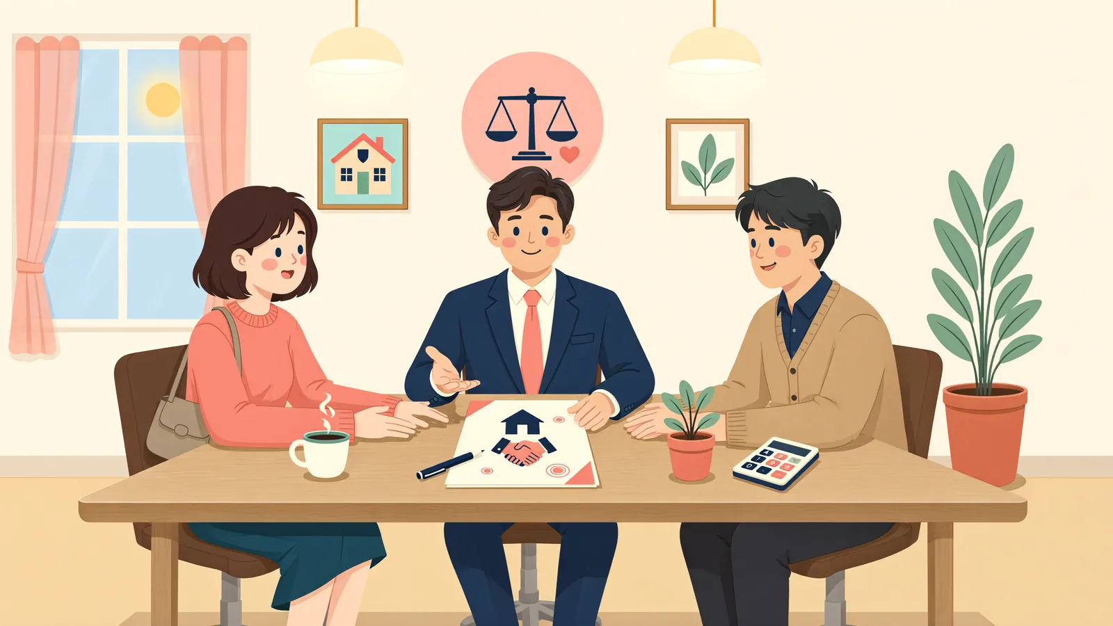 「천장 누수로 틀어진 임대인·임차인, 소송 말고 조정으로」 상황을 그린 삽화