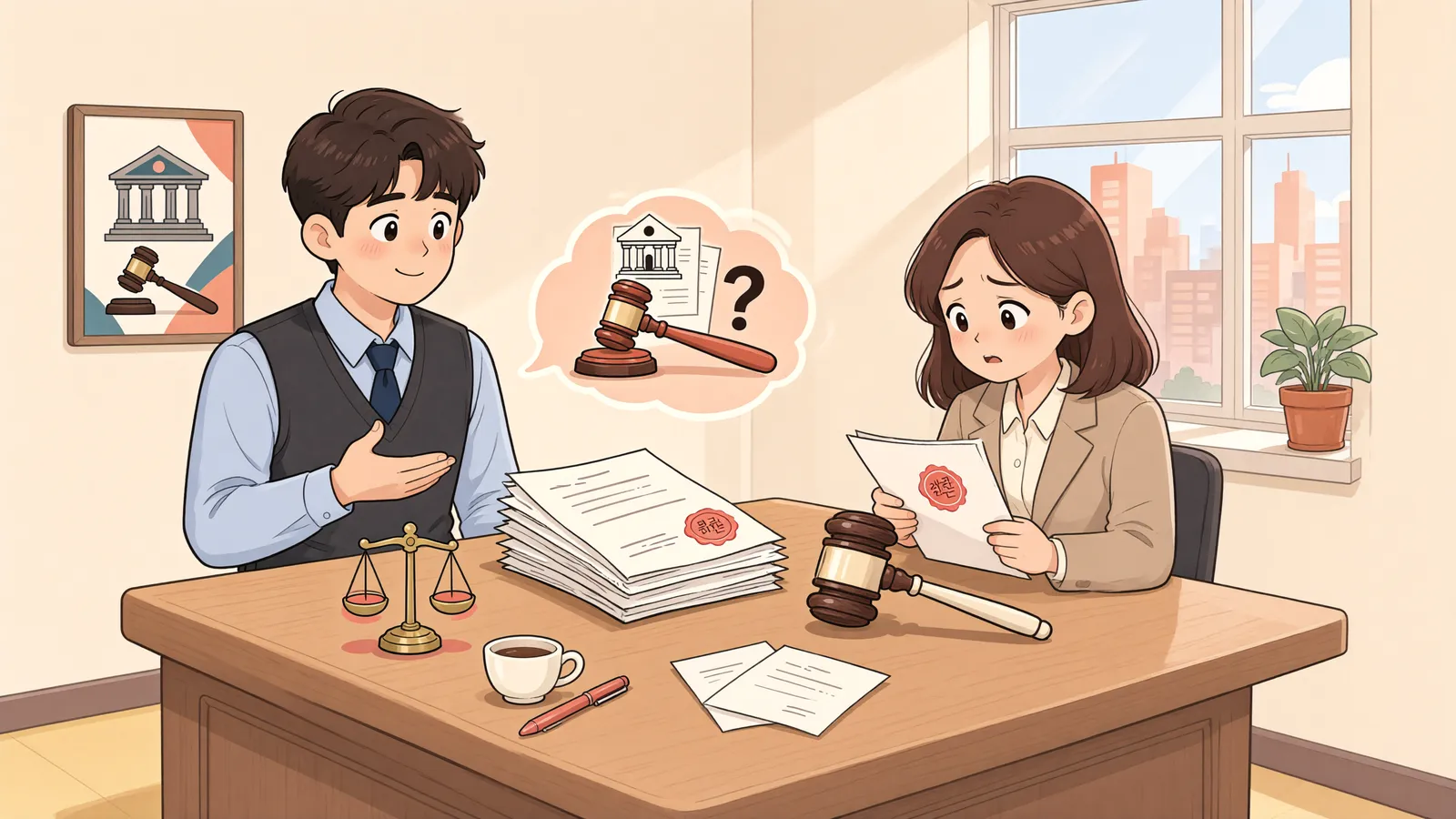 「면책받은 빚으로 다시 소송을 당했다면」 상황을 그린 삽화