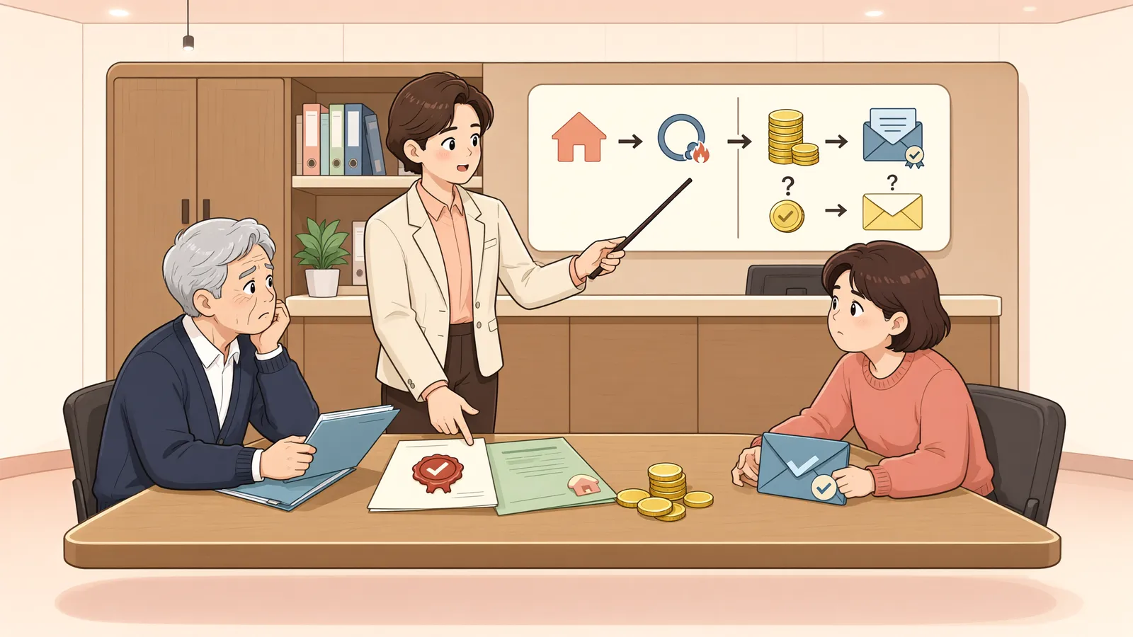 「선순위 근저당권자의 공탁금, 다음 순위 채권자에게 갈까?」 상황을 그린 삽화