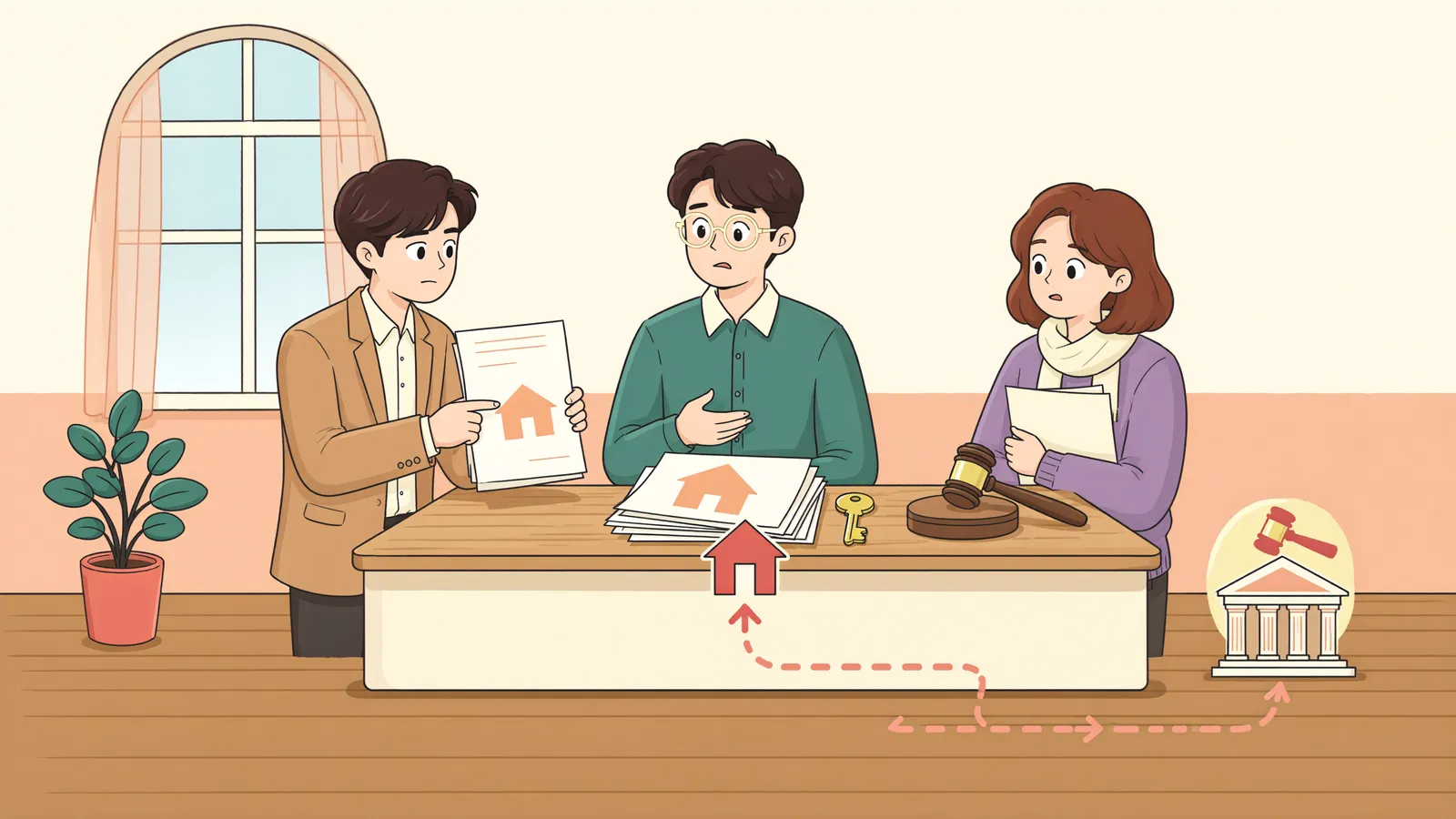 「“계약 취소 통지했으니 끝난 거죠?” 채권자취소권의 행사 방법」 상황을 그린 삽화