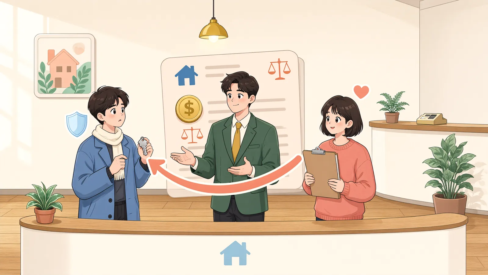 「먼저 설정된 담보권, 뒤늦게 들어온 임차인의 대응」 상황을 그린 삽화