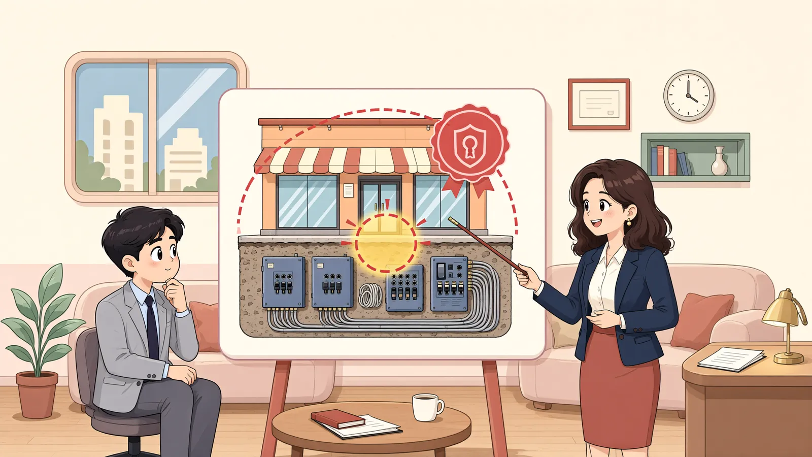 「건물에 딸린 통신설비, 따로 압류해도 될까」 상황을 그린 삽화