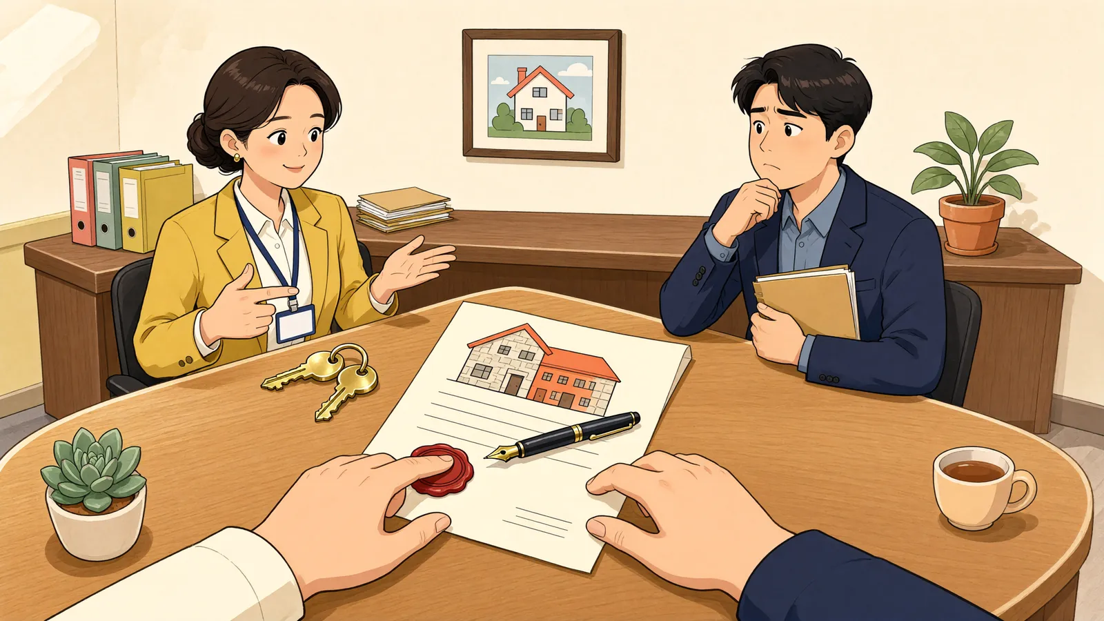 「공동임대인이 된 뒤, 해지는 혼자 할 수 있을까요?」 상황을 그린 삽화