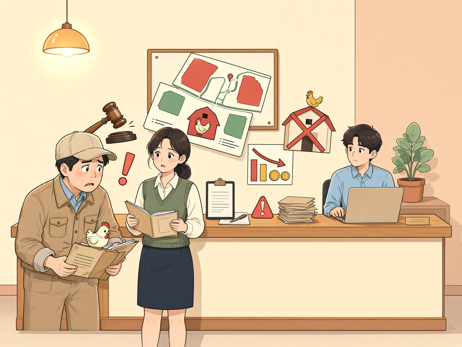 「무허가 축사에서 난 영업손실, 보상받을 수 있을까」 상황을 그린 삽화