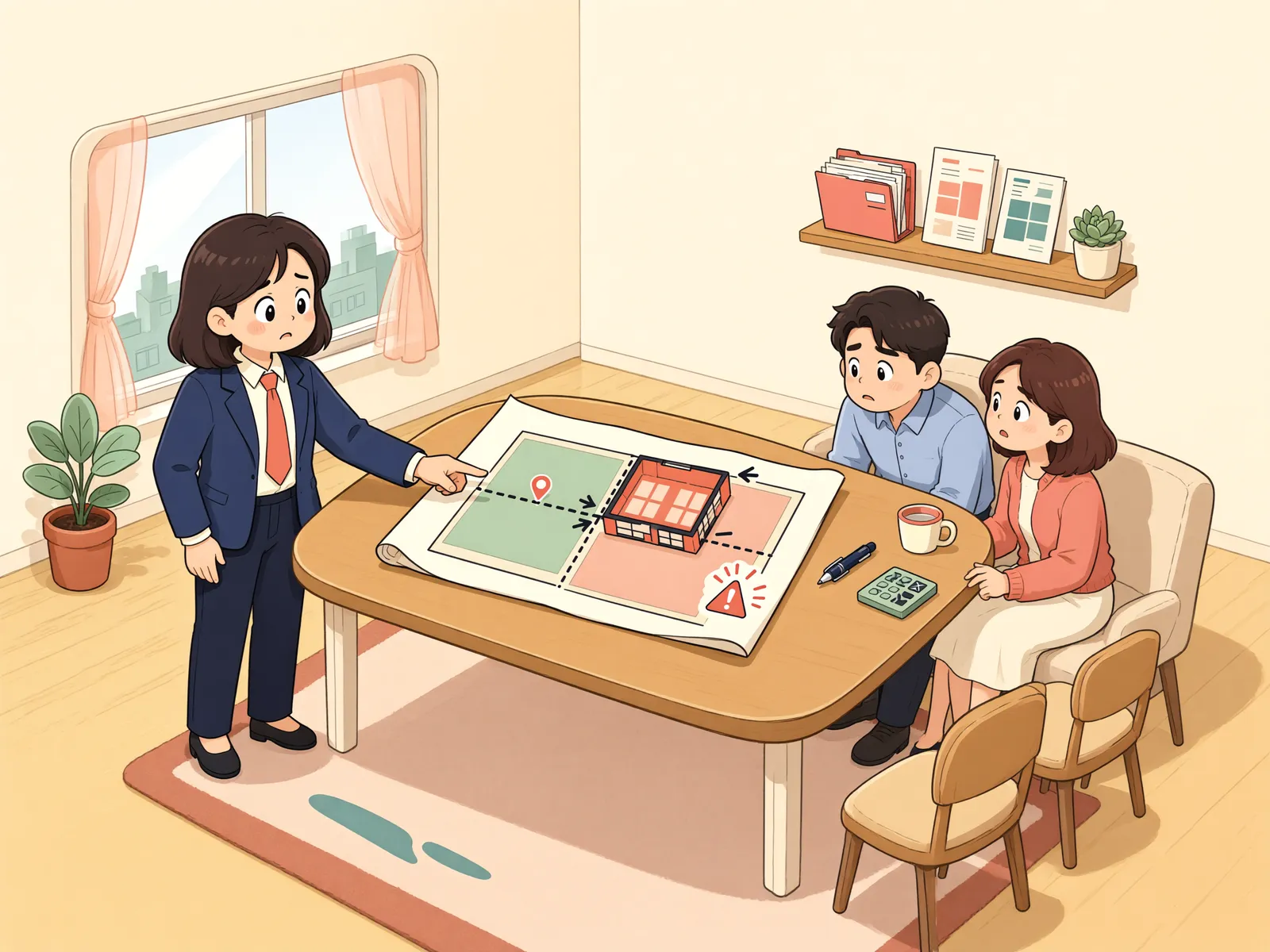 「담장을 믿고 샀는데, 건물이 이웃 땅을 침범했다면」 상황을 그린 삽화