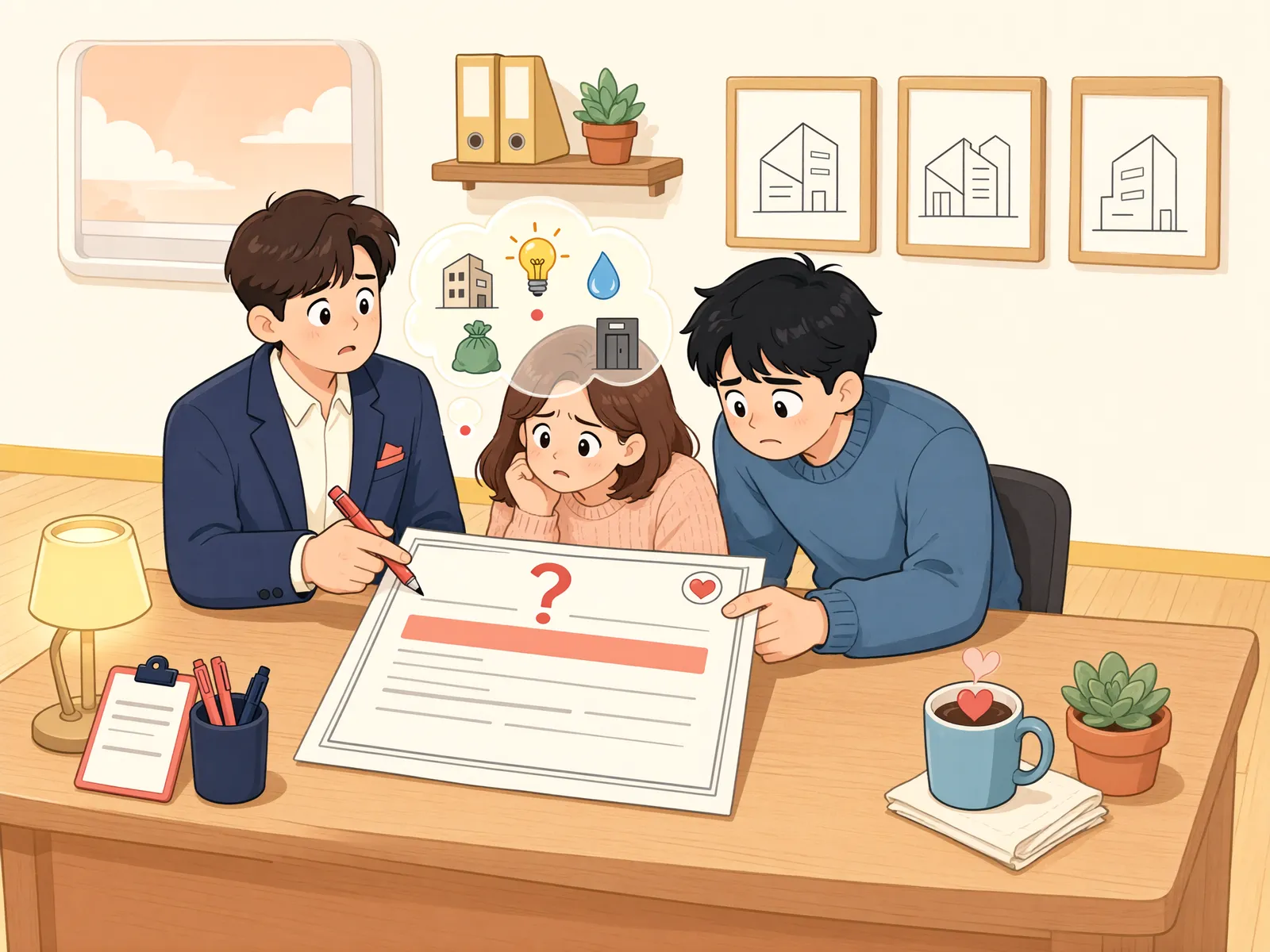 「관리비 연체액, 보증금에서 공제할 수 있을까?」 상황을 그린 삽화