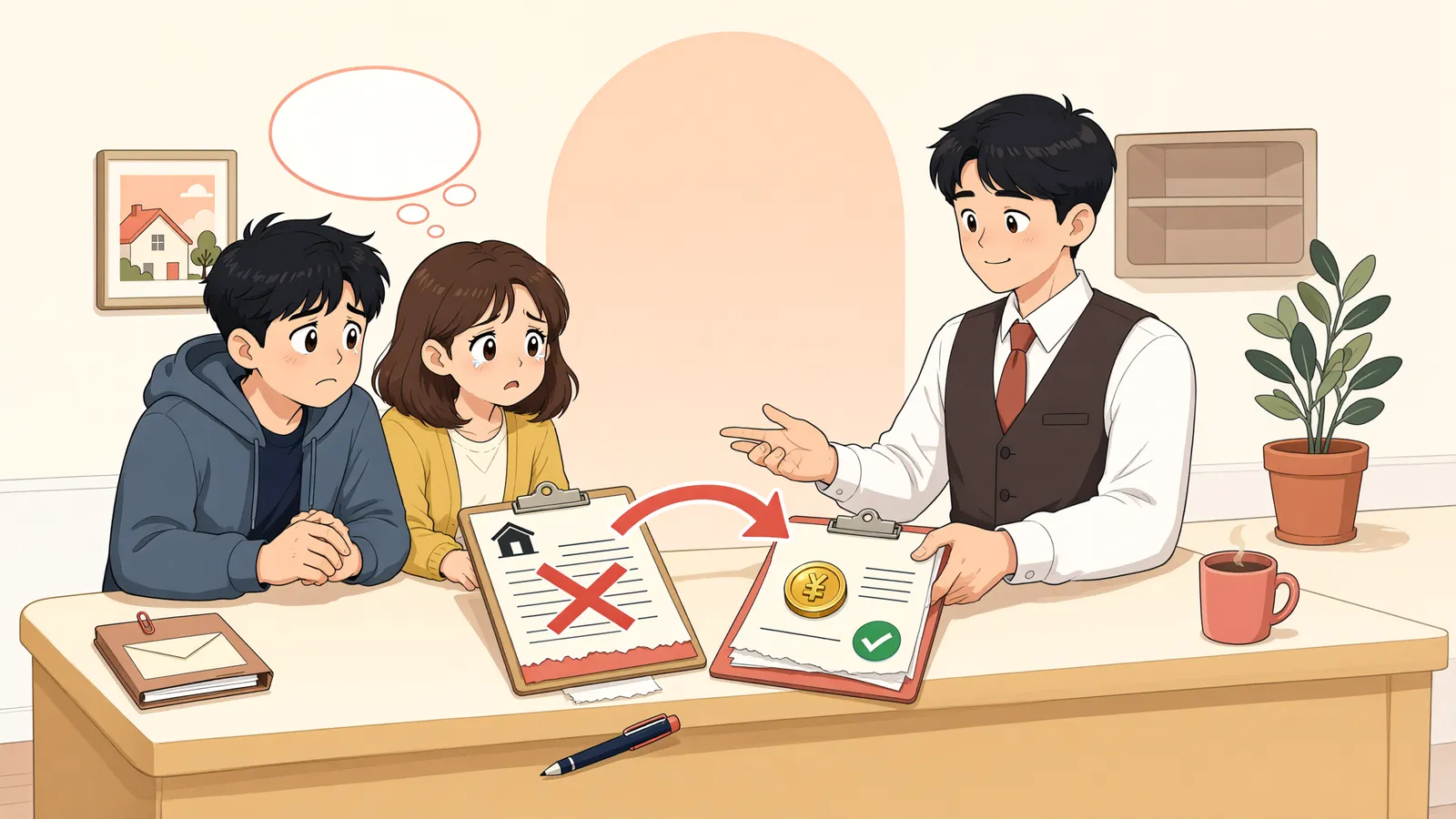 「계약은 해제됐는데, 중개보수는 남을까?」 상황을 그린 삽화