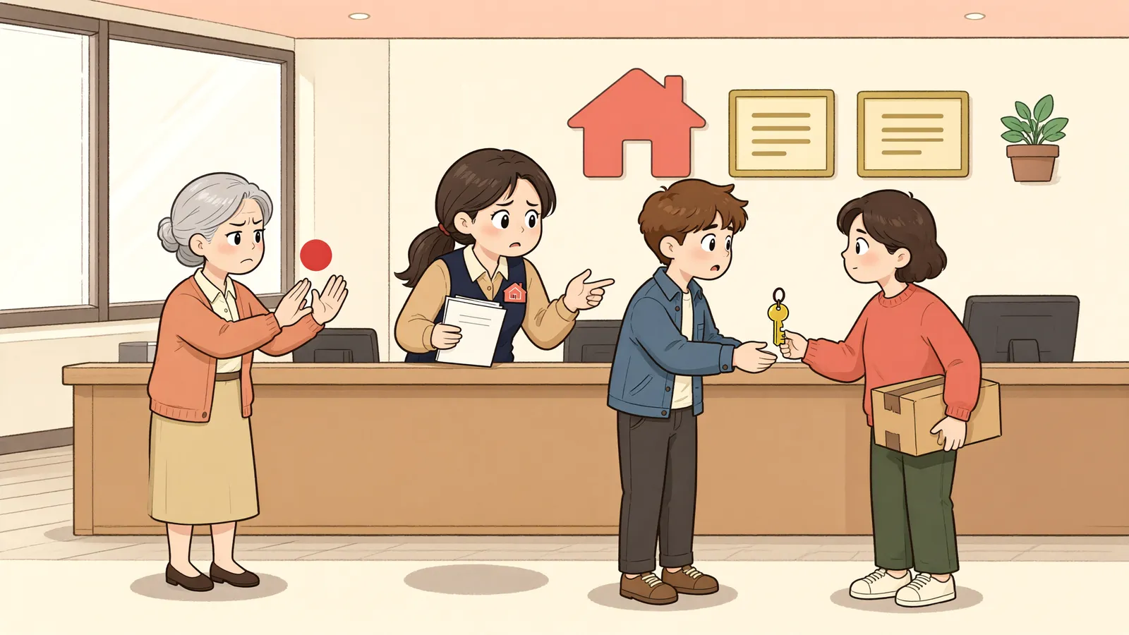 「계약은 그대로인데, 새로 들어온 사람에게 월세를 청구할 수 있을까」 상황을 그린 삽화