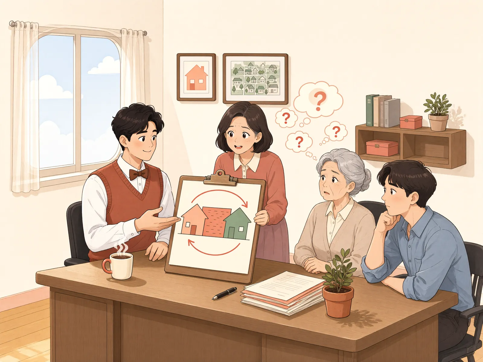 「폭우에 무너진 경계 담, 보수비는 반씩 낼까?」 상황을 그린 삽화