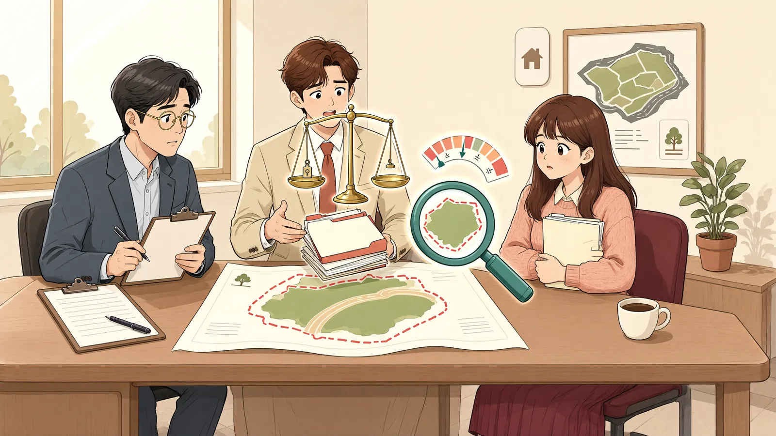 「임야에 과수원을 일궜다면, 보상도 과수원 기준일까?」 상황을 그린 삽화
