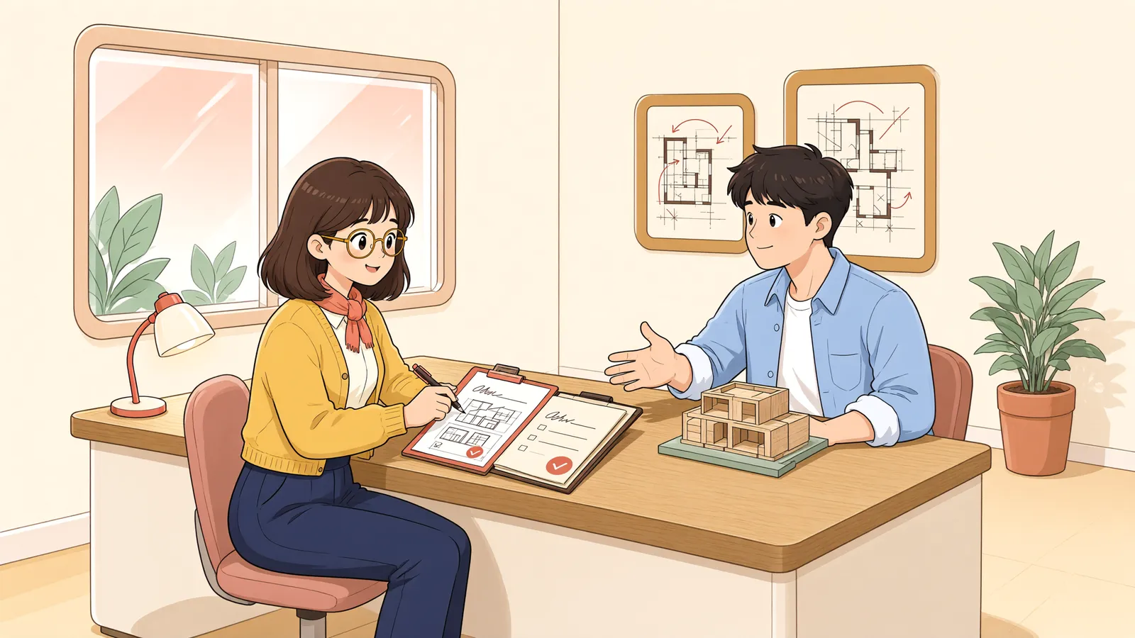 「설계변경 신청, 예전 허가권자가 계속 맡을까?」 상황을 그린 삽화