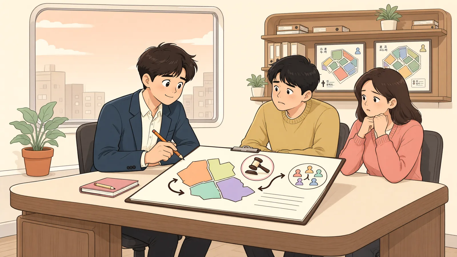 「땅의 한 조각을 샀는데, 경매 낙찰자가 사용료를 요구한다면」 상황을 그린 삽화