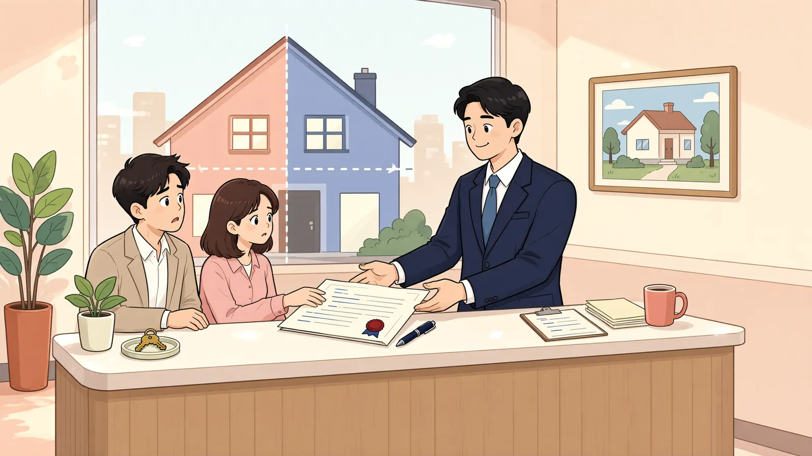 「상대방이 협조하지 않아도 재산분할 등기를 할 수 있을까?」 상황을 그린 삽화