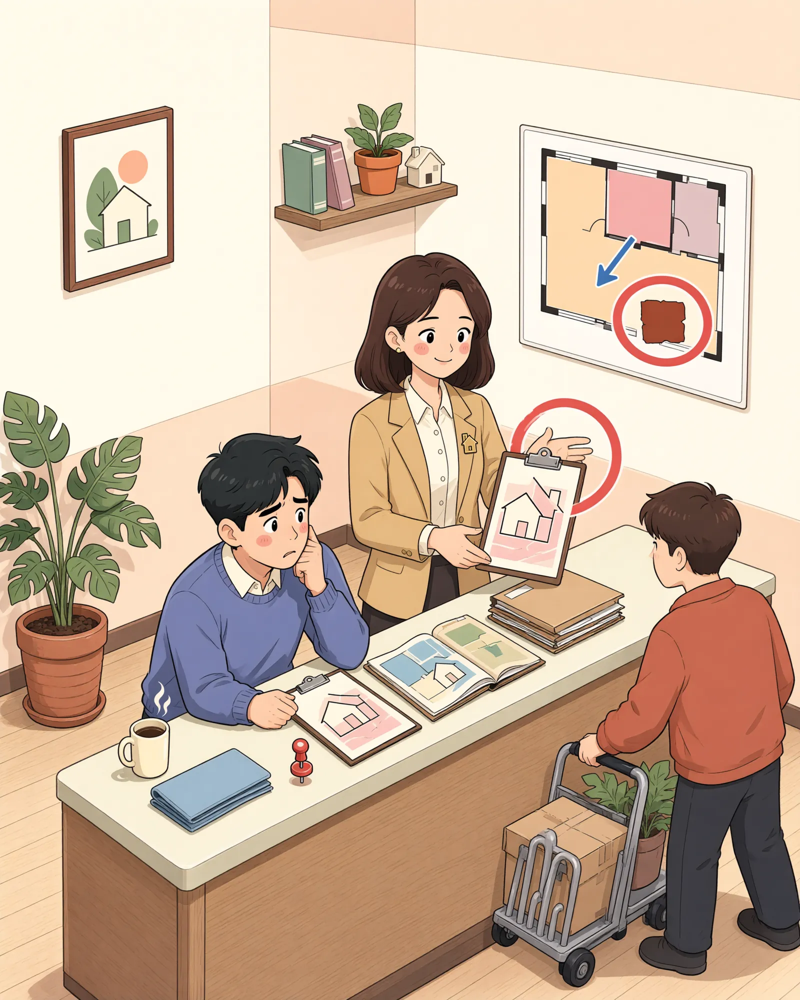 「마당에 쌓인 팔레트, 점유 방해가 될까」 상황을 그린 삽화