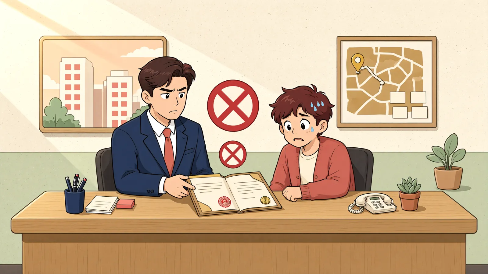 「재매각 가격이 낮아졌다면, 처음 매수인이 차액을 부담할까?」 상황을 그린 삽화