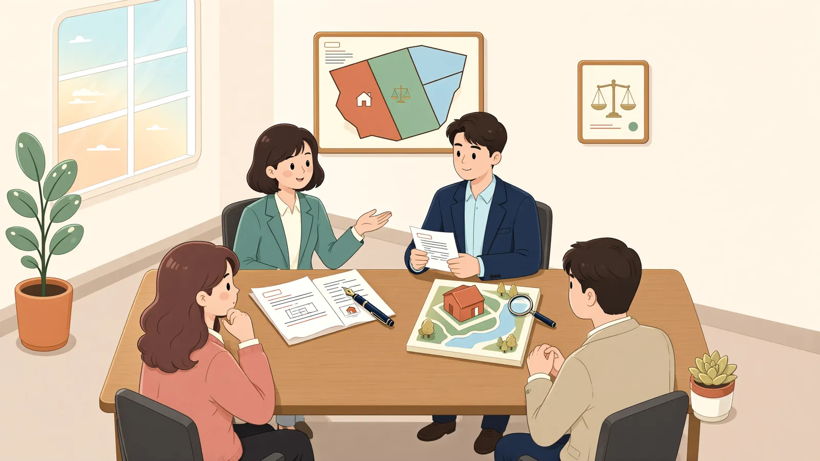 「땅은 넘어갔는데, 미등기 건물은 누구 것일까」 상황을 그린 삽화