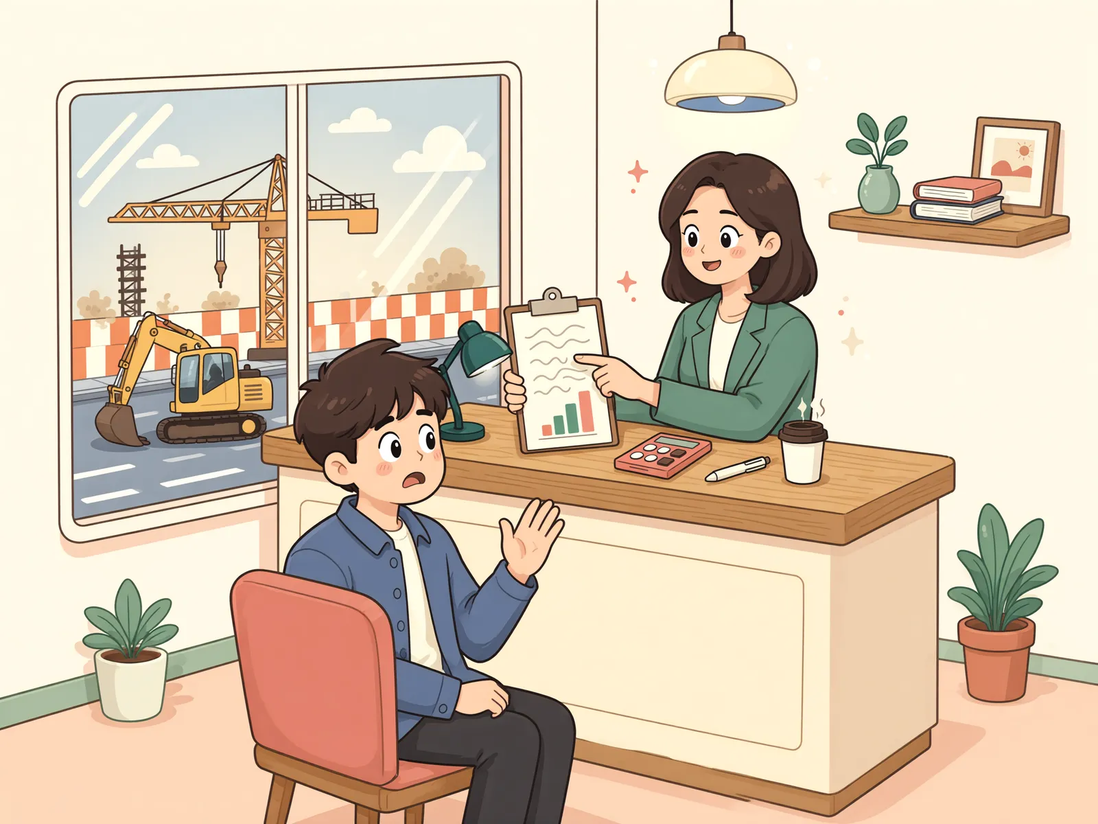 「공사로 손님 발길이 끊겼다면, 영업손실은 보상받을 수 있을까」 상황을 그린 삽화