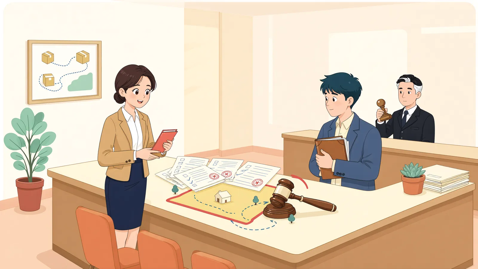 「토지 경매가 시작된 뒤에도, 건물 일괄경매를 신청할 수 있을까?」 상황을 그린 삽화