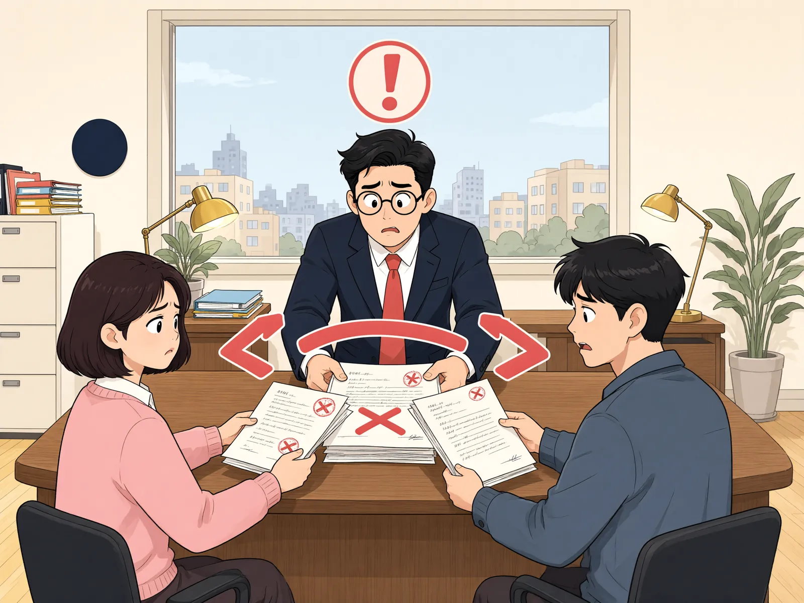 「중개하지 않은 계약서 한 장, 대여금 손실까지 책임질까」 상황을 그린 삽화
