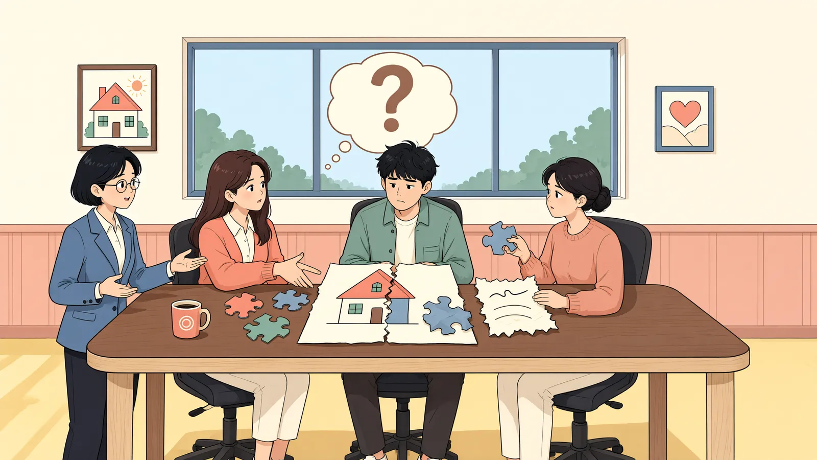 「상속재산분할협의, 모두 동의하면 다시 바꿀 수 있을까」 상황을 그린 삽화
