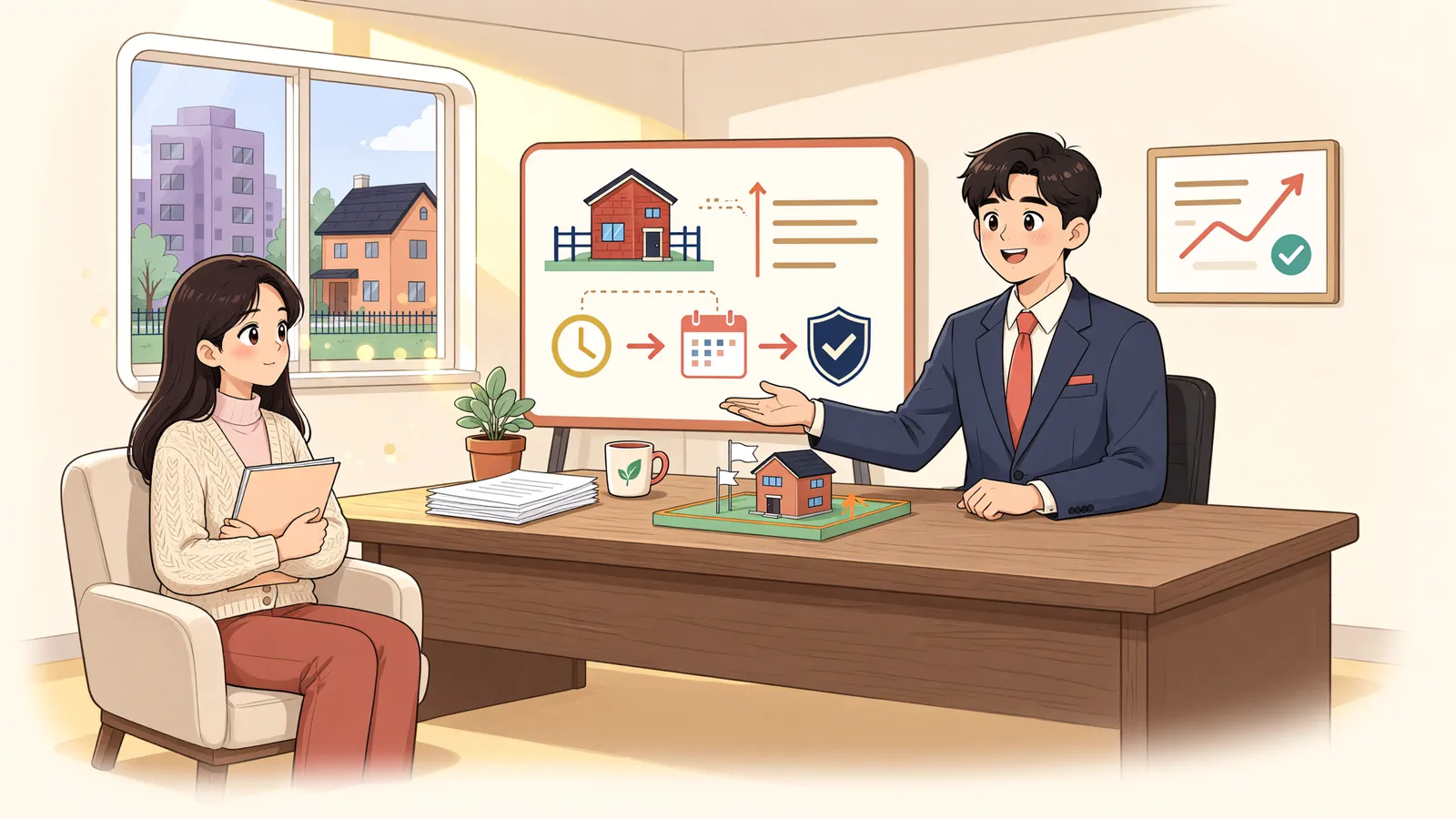 「지상권 10년 약정, 벽돌 건물이라면 기간은 달라질 수 있습니다」 상황을 그린 삽화