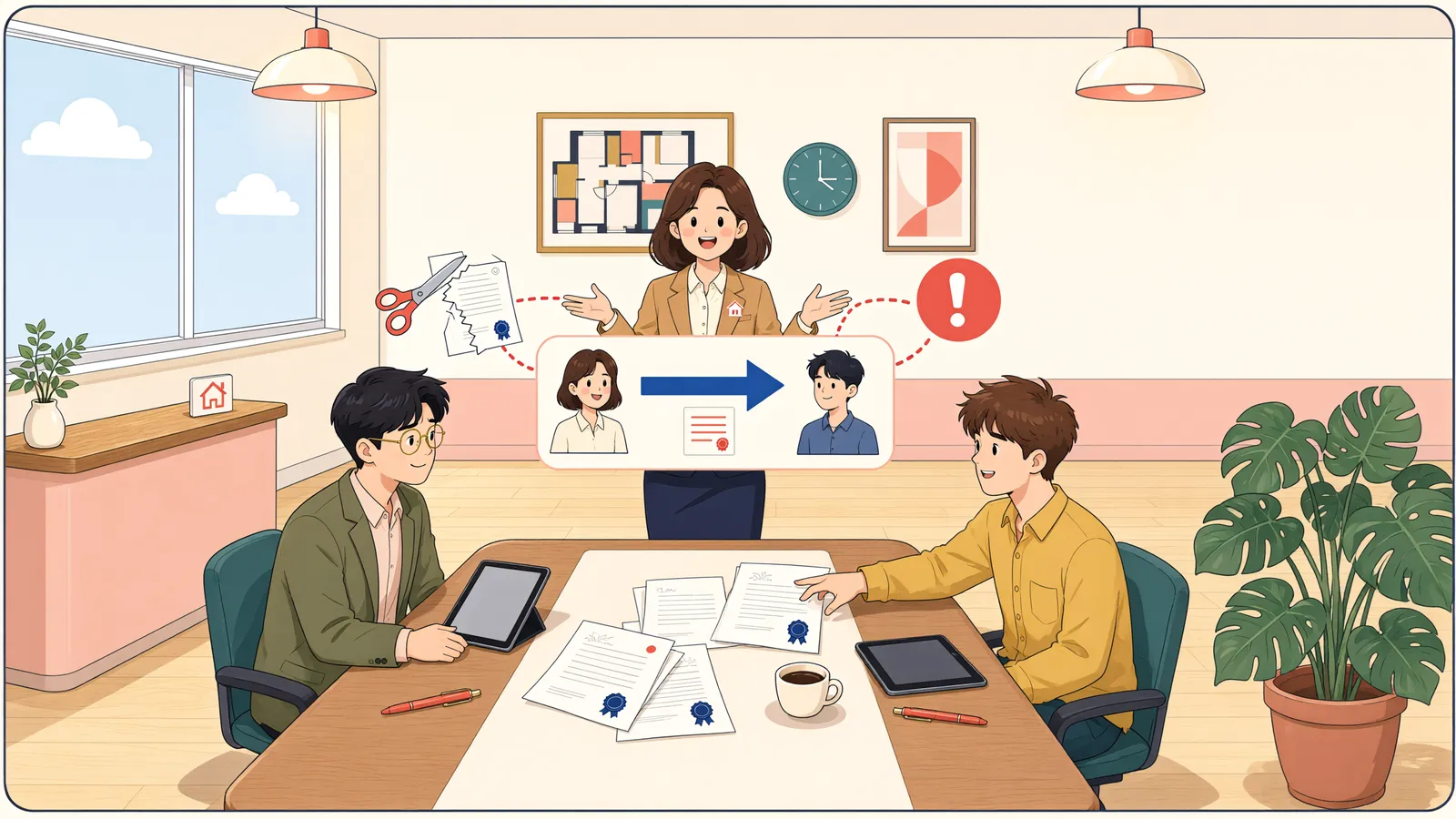 「담보대출을 떠안은 매수인, 경매가 시작되면 계약을 끝낼 수 있을까」 상황을 그린 삽화
