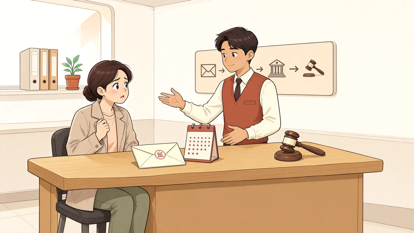 「경매 통지를 못 받았는데, 집행관에게 손해배상을 청구할 수 있을까?」 상황을 그린 삽화