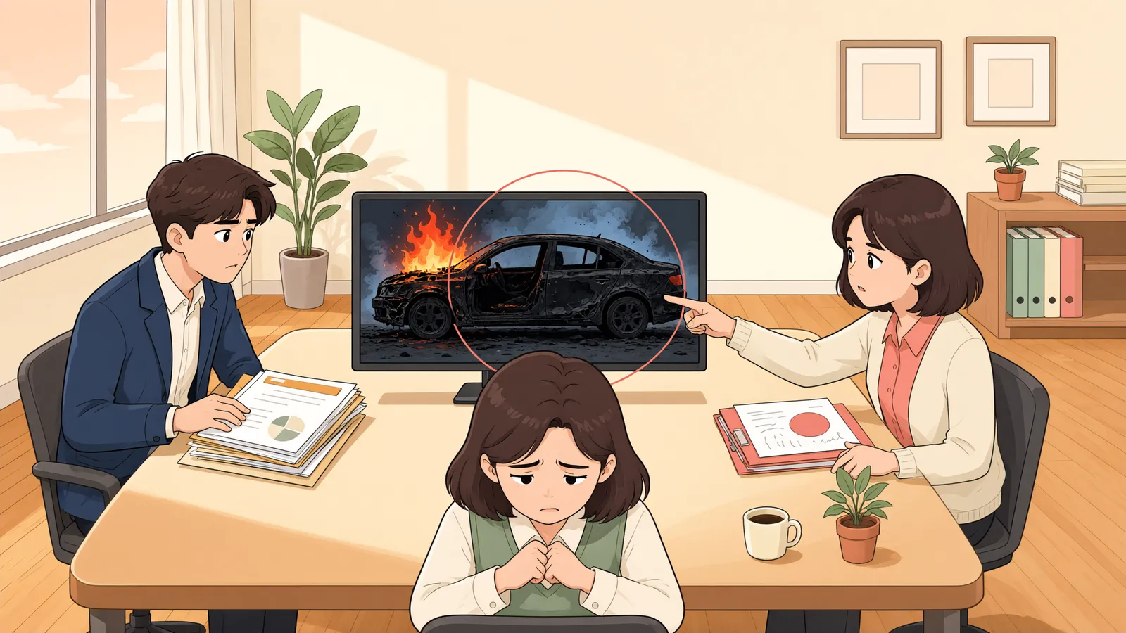 「차량이 불탔다고 제조물책임이 바로 인정될까」 상황을 그린 삽화
