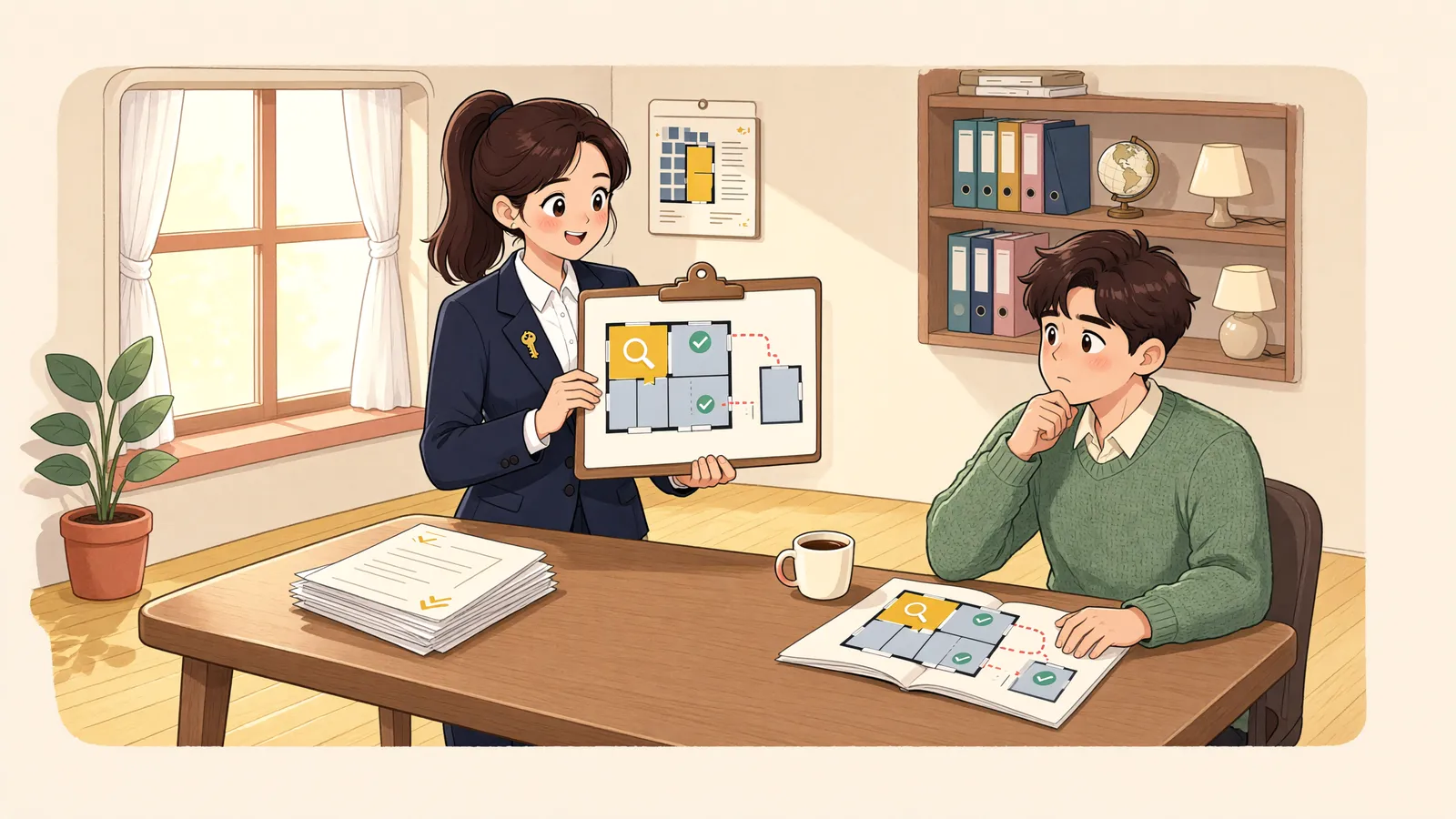 「전세권은 대지권에도 미치지만, 먼저 설정된 근저당을 앞서지는 못합니다」 상황을 그린 삽화