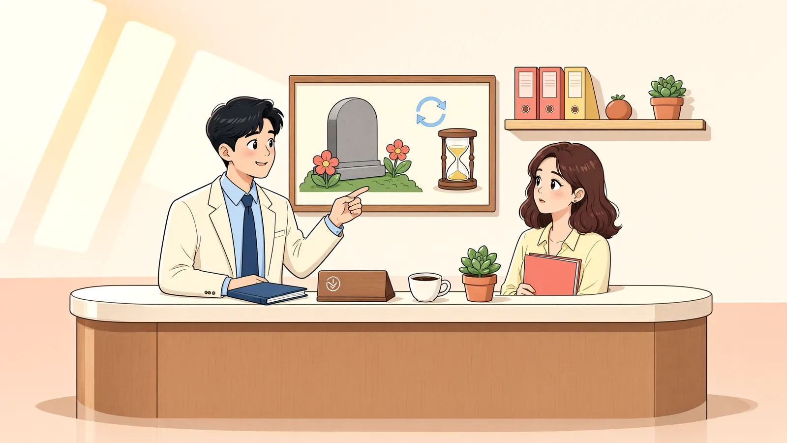 「오래된 묘지, 땅을 팔 때 함께 정리해야 할까?」 상황을 그린 삽화