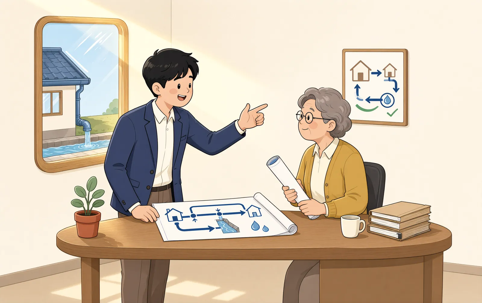 「둑 하나가 만든 걱정, 미리 요구할 수 있을까」 상황을 그린 삽화