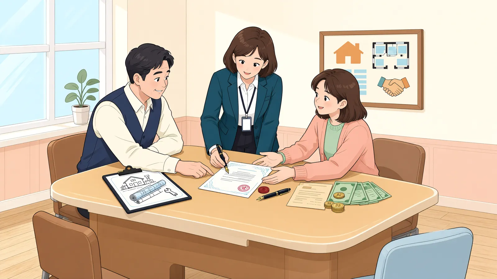 「세입자가 안 구해졌는데, 공사대금 대신 받은 보증금은 언제 돌려받을까?」 상황을 그린 삽화