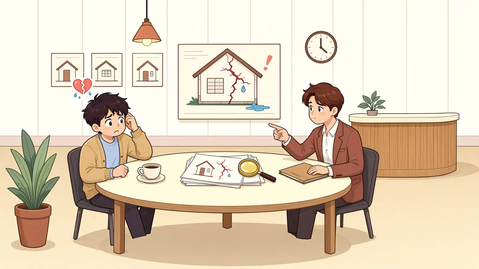 「신축주택 하자, 정신적 위자료까지 받을 수 있을까」 상황을 그린 삽화