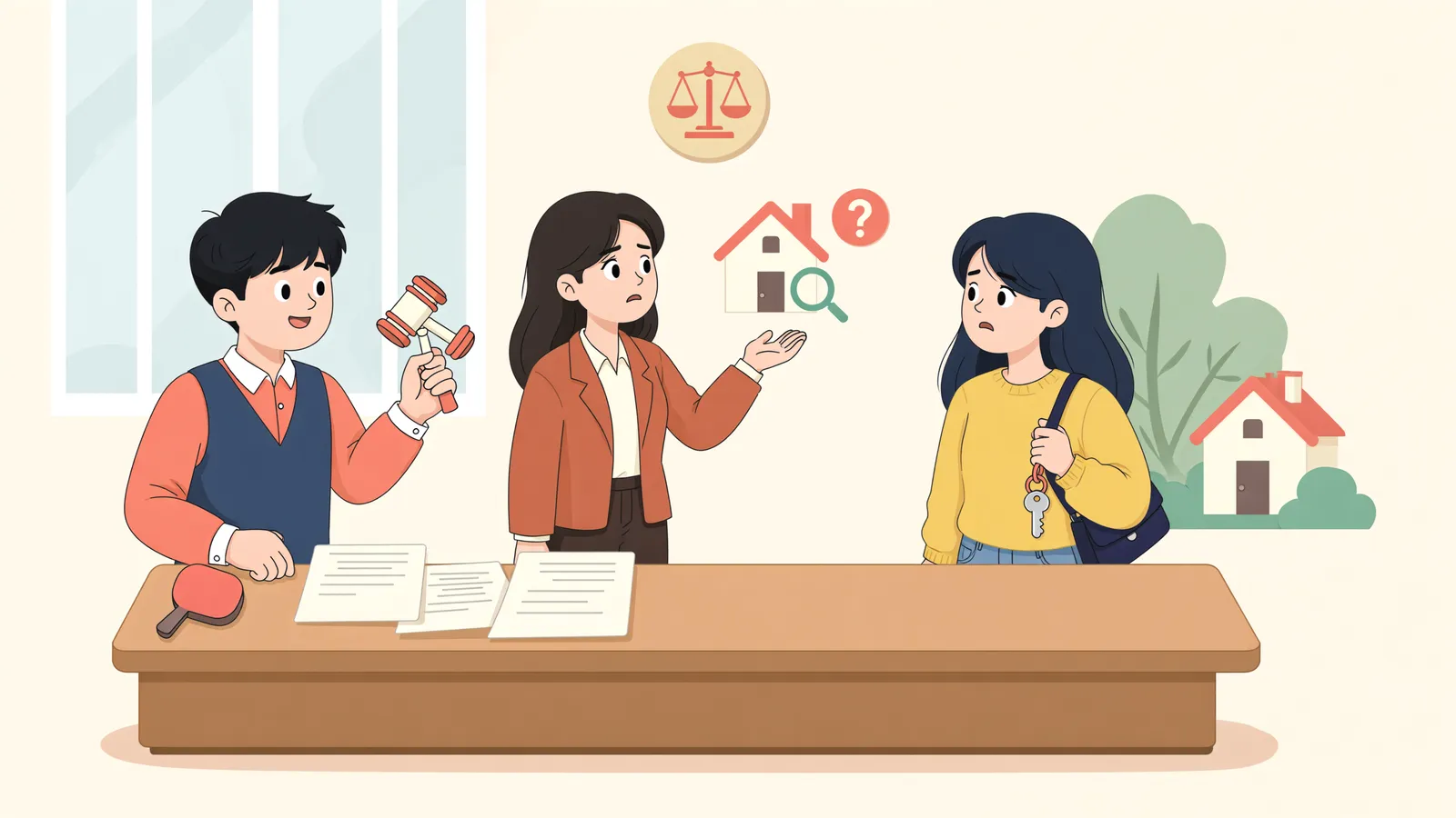 「선순위 근저당 뒤 입주한 임차인, 경매 매수인의 인도명령에 맞설 수 있을까」 상황을 그린 삽화