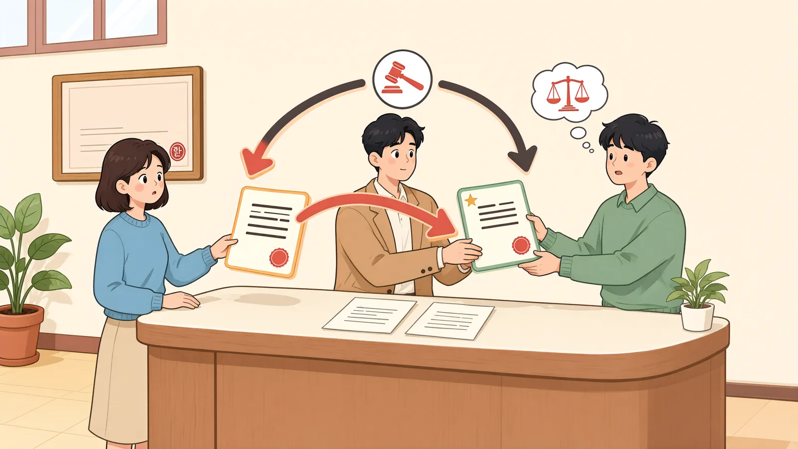 「채권이 넘어간 뒤, 청구이의의 소송 상대는 누구일까」 상황을 그린 삽화
