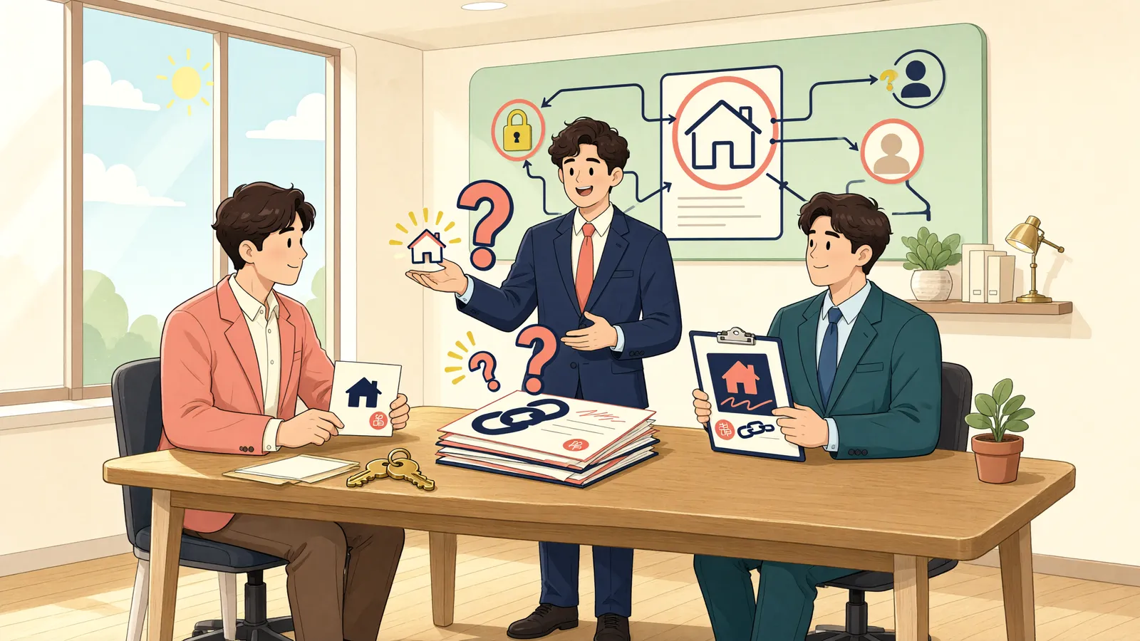 「분양대금을 다 냈는데, 양수인도 근저당을 풀어줘야 할까?」 상황을 그린 삽화