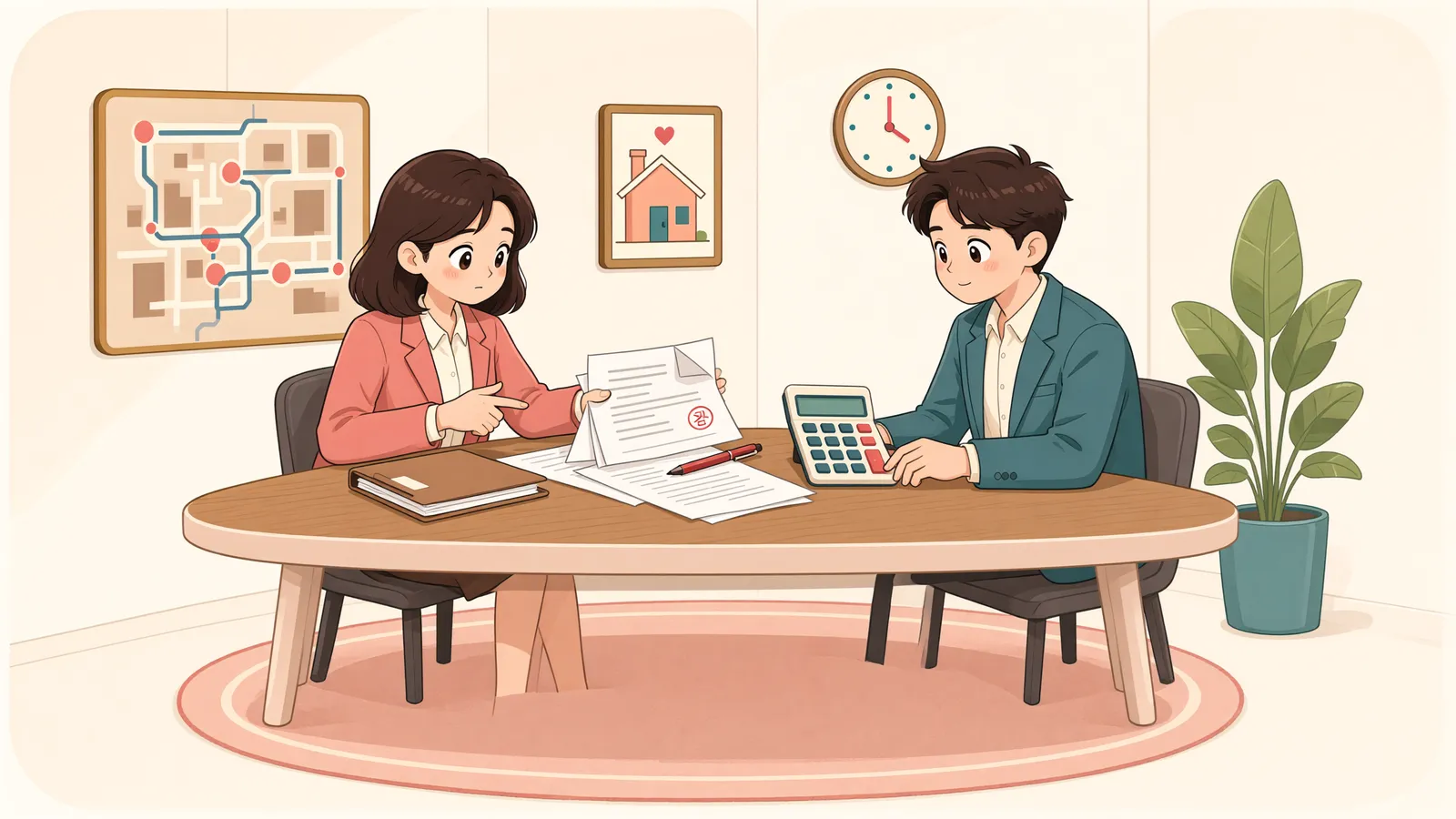 「중도금 납부일을 미뤄줬다면 입주 지연 배상금도 줄어들까?」 상황을 그린 삽화