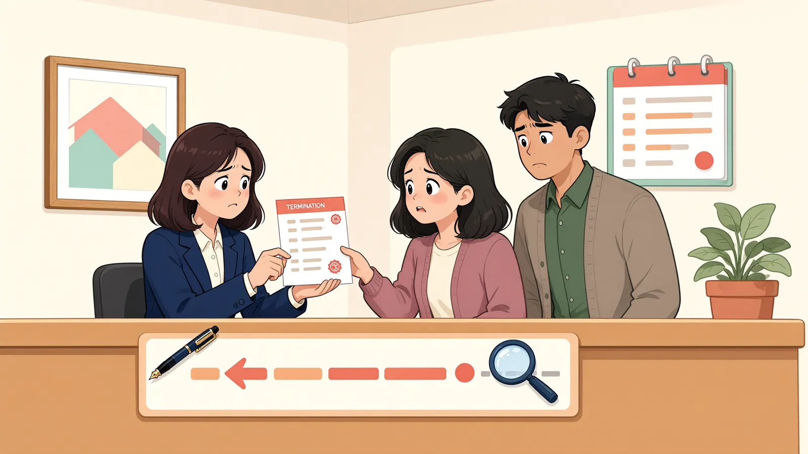 「만료 이틀 전 보증금 요구, 바로 돌려줘야 할까?」 상황을 그린 삽화